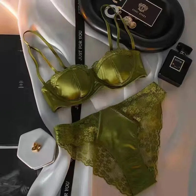 Satin Half-Cup Underwire Bra & Lace Trim Lingerie Set