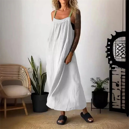 Women's Sleeveless Cotton Linen Casual Maxi Dress