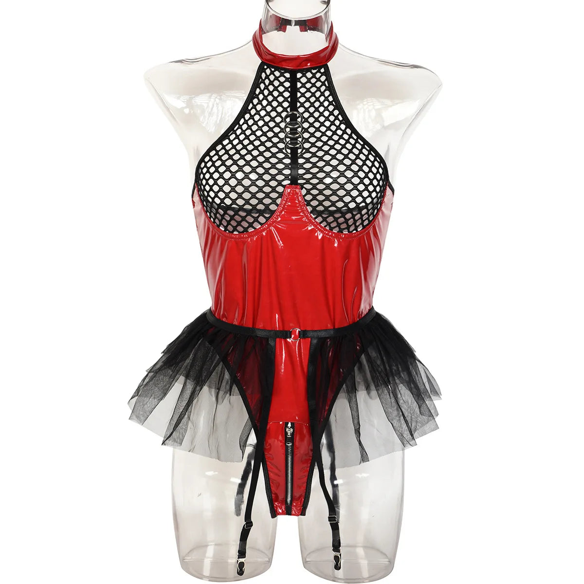 Patent Leather and Mesh Splicing Jumpsuit with Detachable Garter Belts