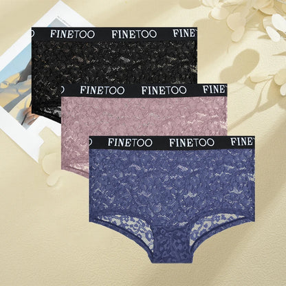 FINETOO Women's Lace Boyshort Panties Set - High-Waist Transparent Mesh Briefs