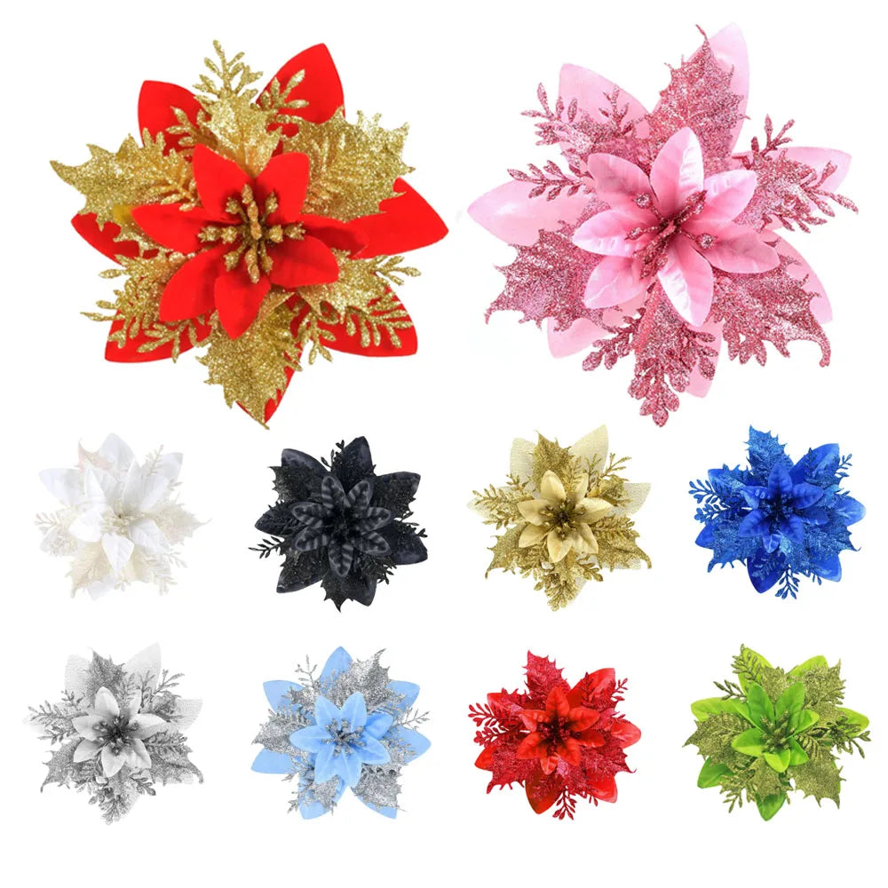 Glitter Artificial Christmas Flowers Set