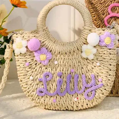 Personalized Hand-Woven Straw Tote Bag – Custom Embroidered Beach & Vacation Crossbody Bag