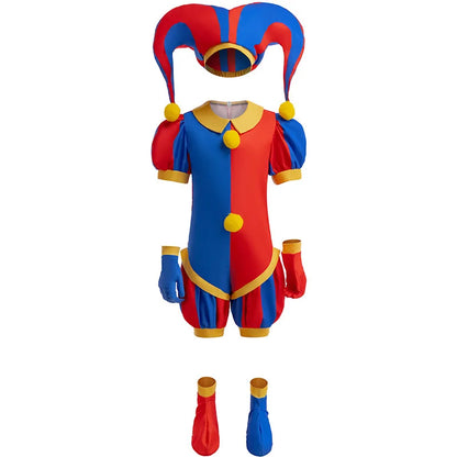 Girls' Digital Circus Pomni Cosplay Costume Set - Red & Blue Clown Dress Outfit for Kids