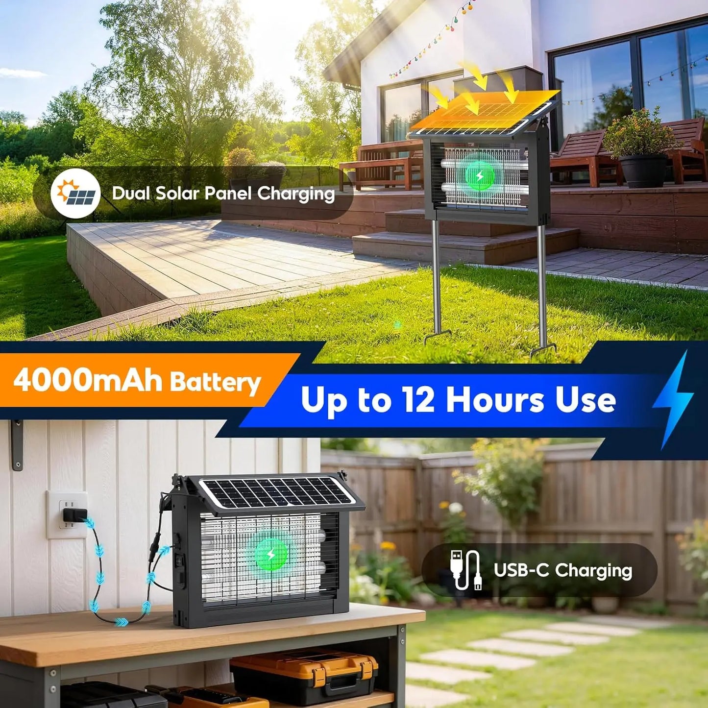 Outdoor Solar Bug Zapper with Dual Solar Panels & USB Charging