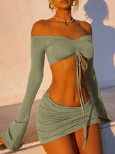 Matching 2 Piece Long Sleeve Drawstring Crop Top & Mini Skirt Set