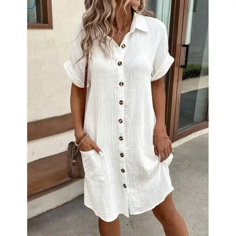V-Neck Single-Breasted Mini Dress - Casual Loose Fit Short Sleeve Summer Dress