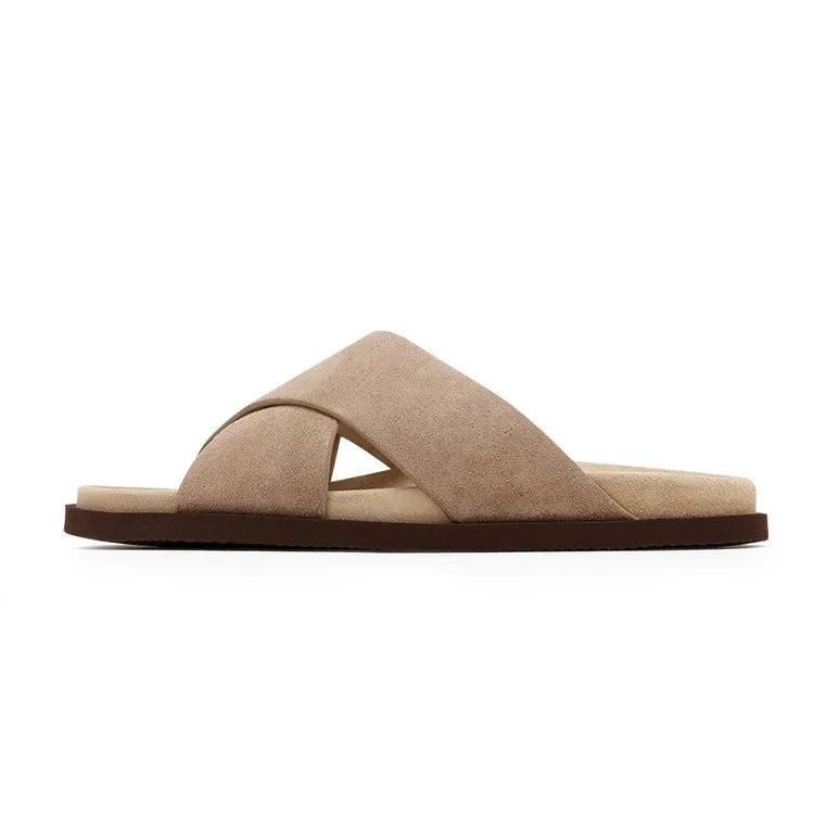 Men's Genuine Suede Leather Cross-Strap Platform Slippers