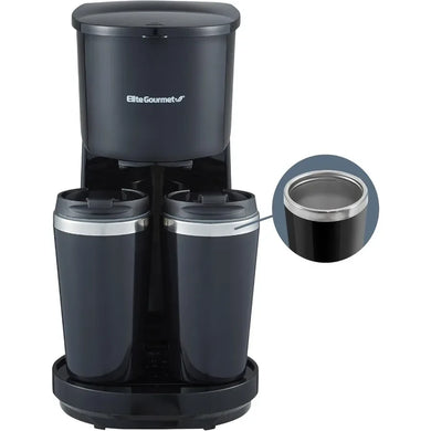 EHC116 Dual Drip Double Coffee Maker with Two 14 Oz Stainless Steel Interior Thermal Travel Mug