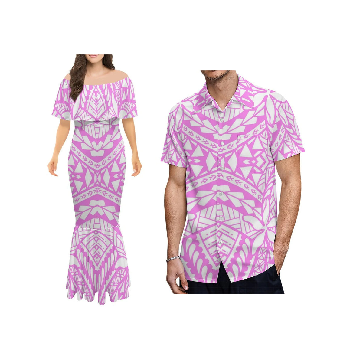 Polynesian Tribal One-Shoulder Mermaid Dress & Matching Men's Shirt