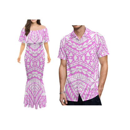 Polynesian Tribal One-Shoulder Mermaid Dress & Matching Men's Shirt