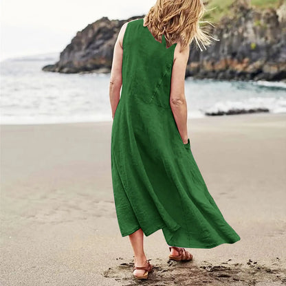 Women's Casual Sleeveless Cotton Linen Long Maxi Dress with Pockets