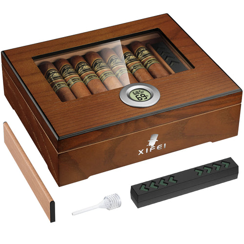 Cedar Wood Desktop Humidors Case with Digital Hygrometer, Humidifier & Divider