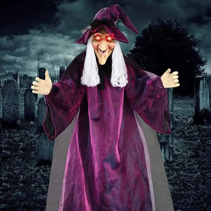 Life-Size Animated Purple Hanging Witch Halloween Prop with Voice Control & LED Eyes