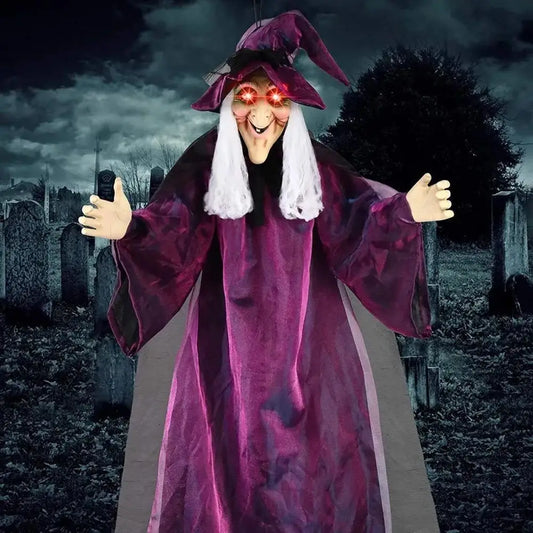 Life-Size Animated Purple Hanging Witch Halloween Prop with Voice Control & LED Eyes