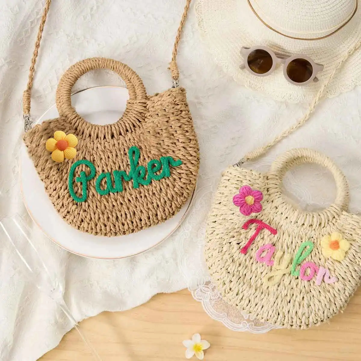 Personalized Hand-Woven Straw Tote Bag – Custom Embroidered Beach & Vacation Crossbody Bag