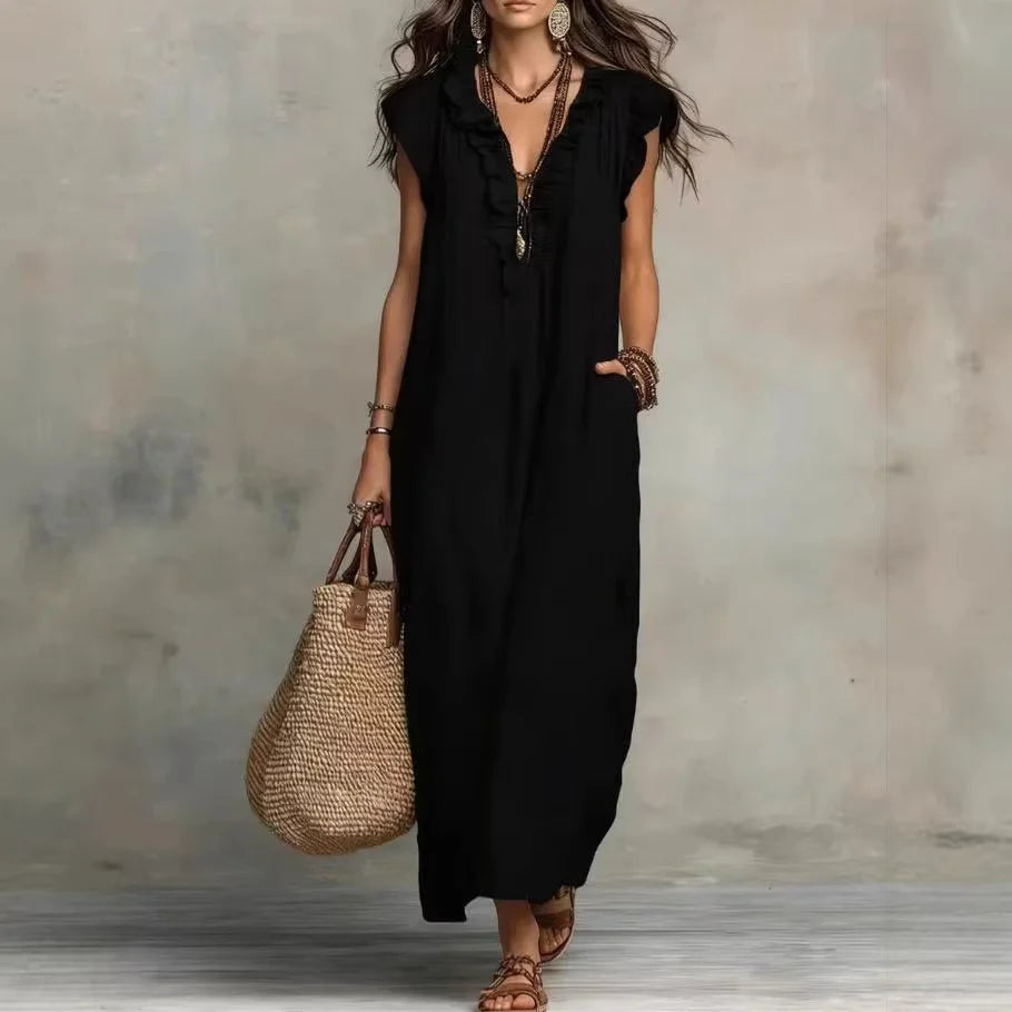 Women's Boho V-Neck Sleeveless Ruffle Solid Color Maxi Dress