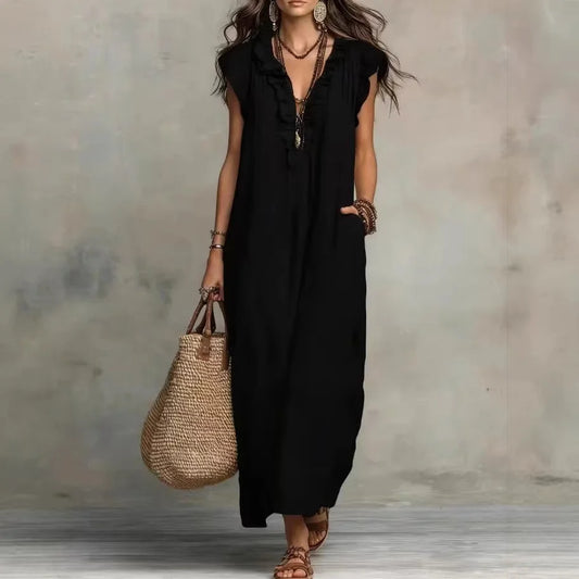 Women's Boho V-Neck Sleeveless Ruffle Solid Color Maxi Dress