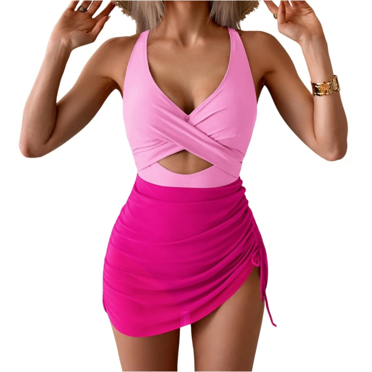 Color Blocking Cross Strap One-Piece Swimsuit