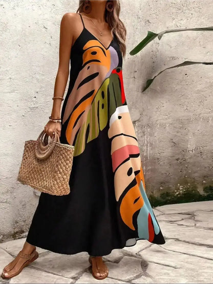 Women's Summer Leaf Print Halter Maxi Dress