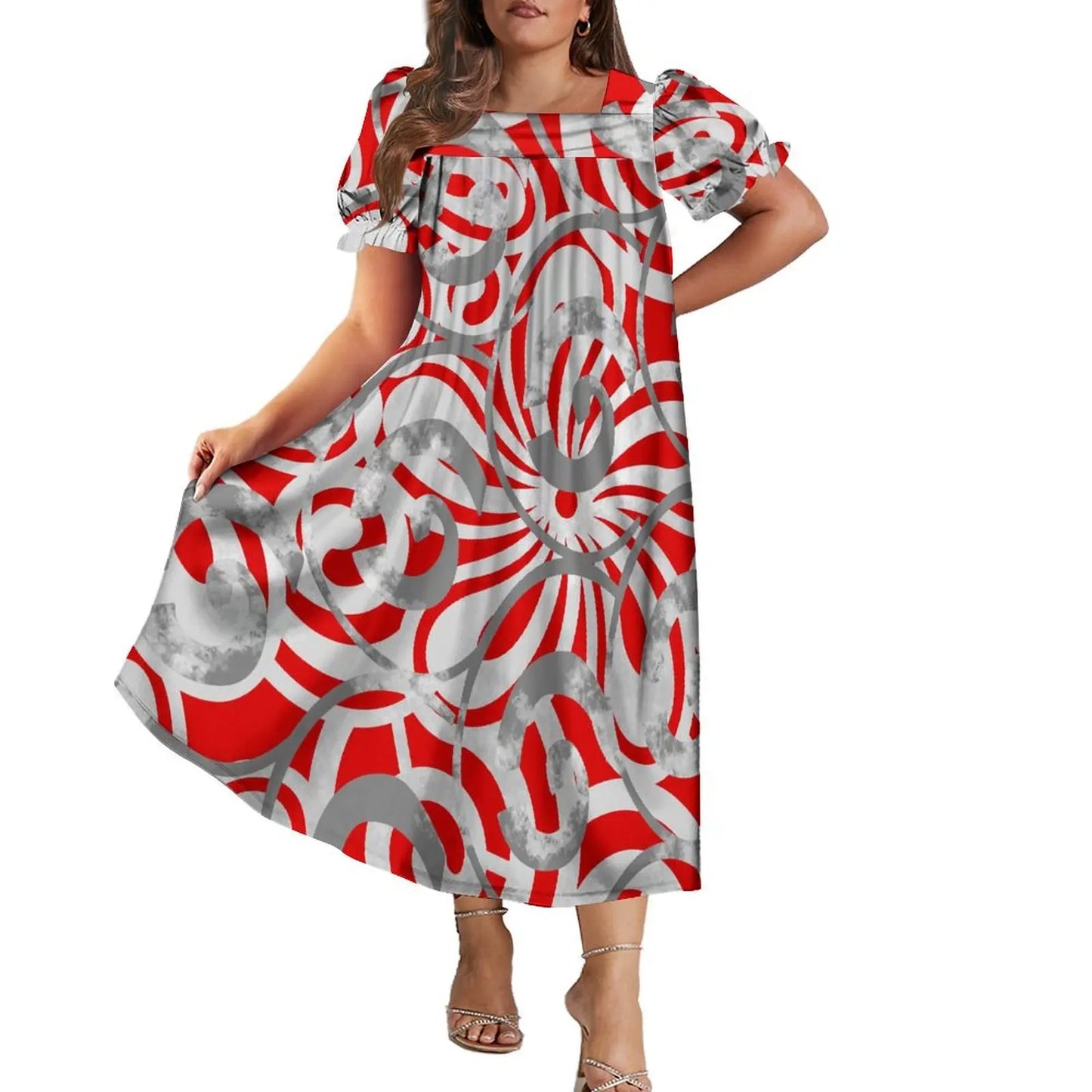 Women's Short-Sleeve Puff Sleeve Square Neck Midi Dress