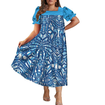 Women's Short-Sleeve Puff Sleeve Square Neck Midi Dress
