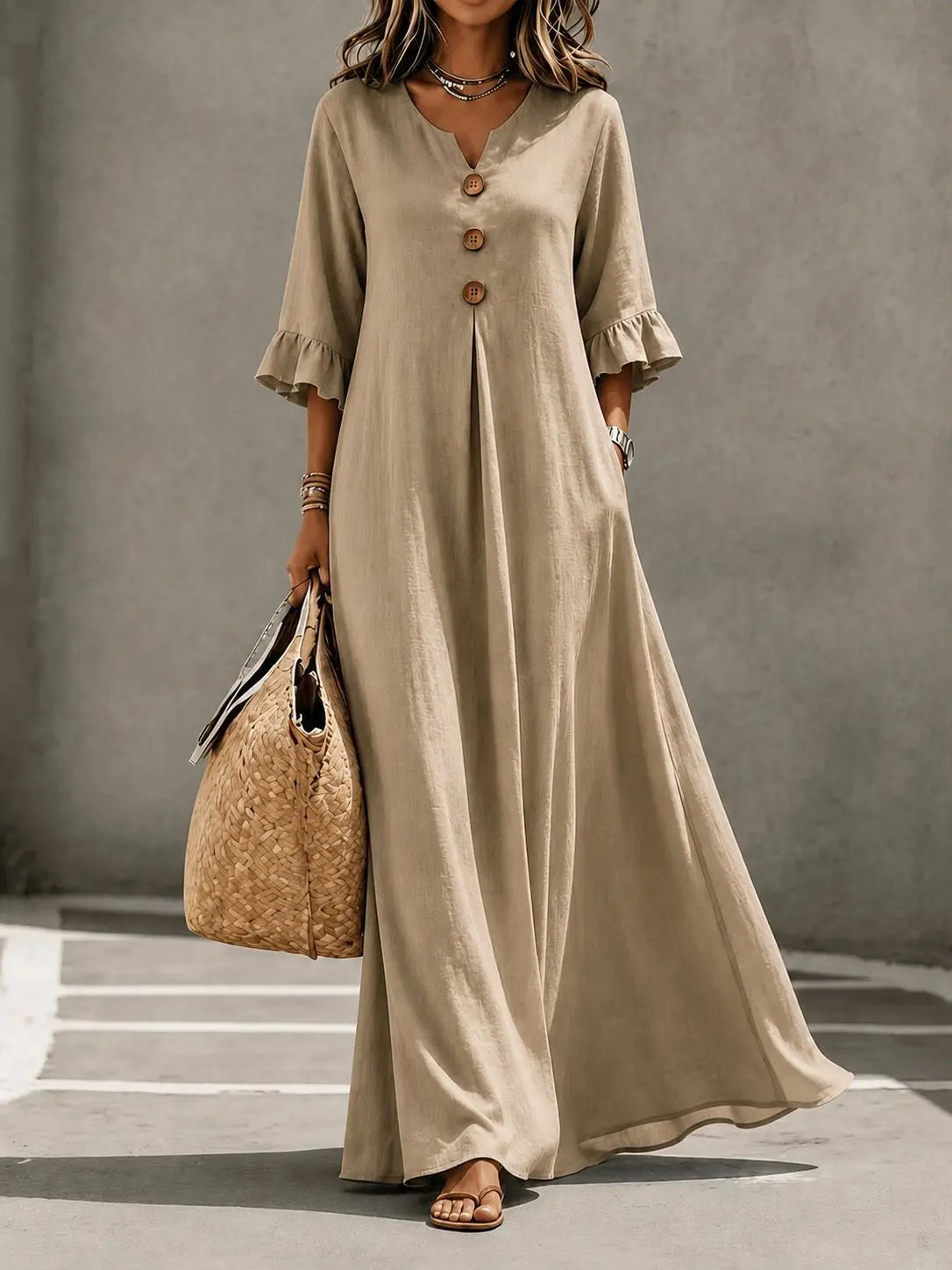 Plus Size Women's V-Neck Long Dress - Elegant Autumn & Winter Solid Color Maxi Dress