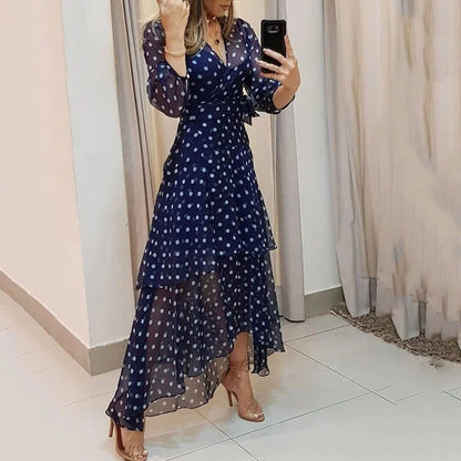 Elegant Dot Printing Dark Blue Pleated Irregular Evening Dress