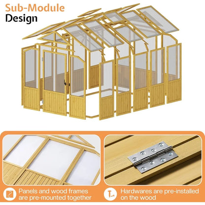 6x8x6.5ft Pre-assembled Cedar Wood Frame Greenhouse with Lockable Door Adjustable Roof Vents