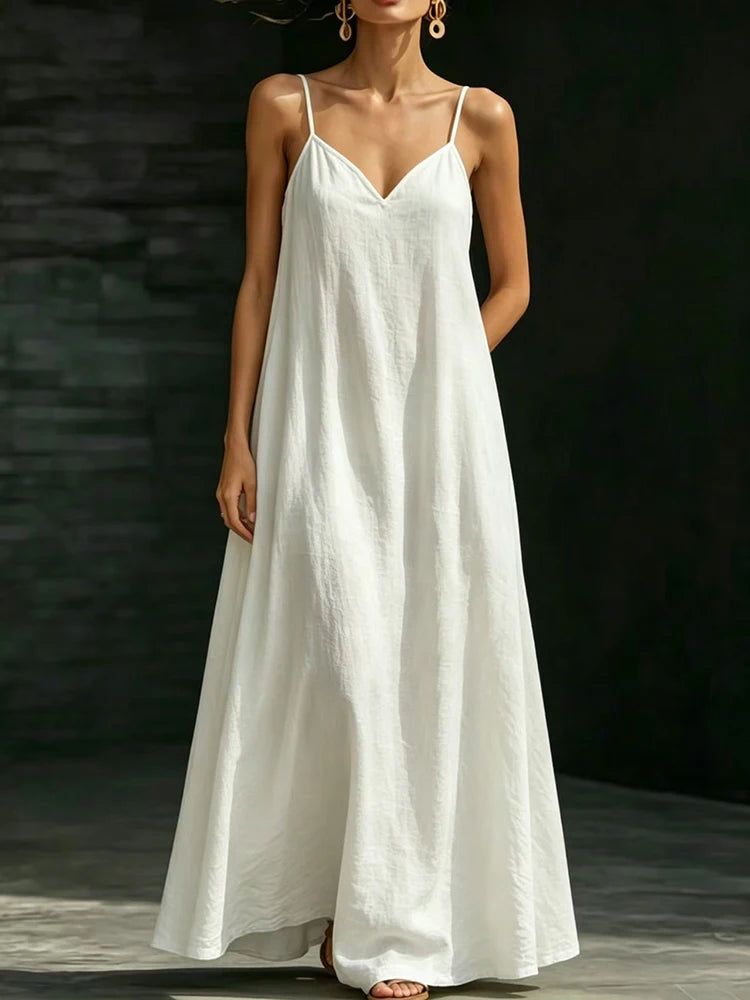 Women’s Casual V-Neck Spaghetti Strap Maxi Dress – Loose Swing Summer Beach Sundress