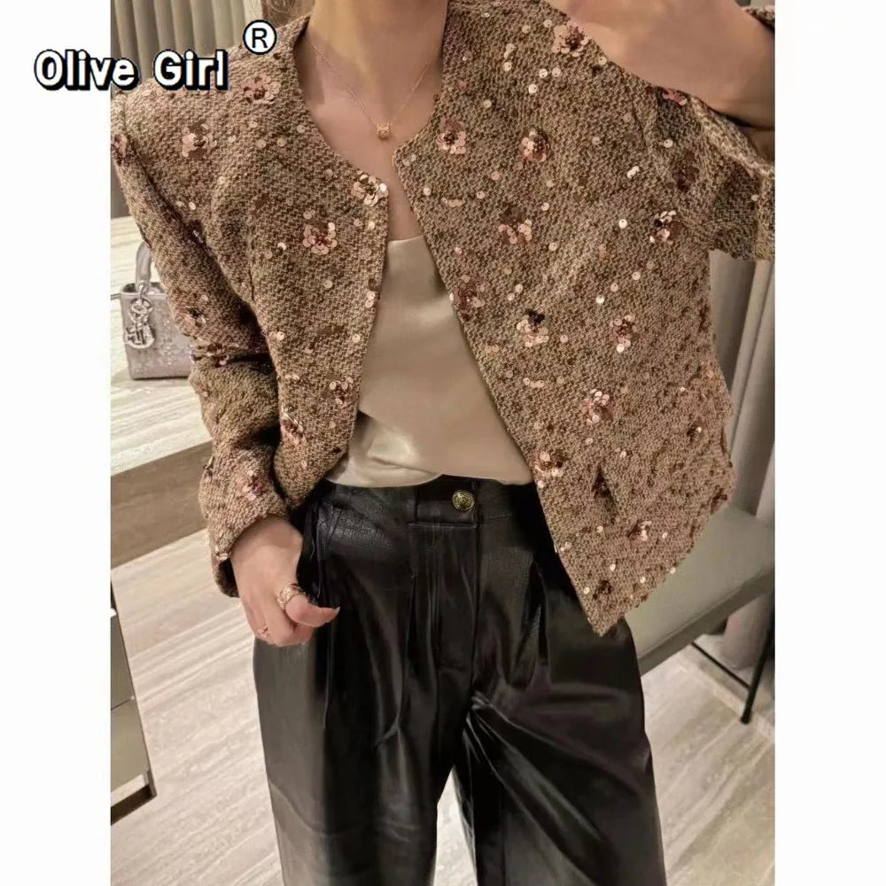 Women's Elegant Sequined Single-Breasted Crop Jacket Coat