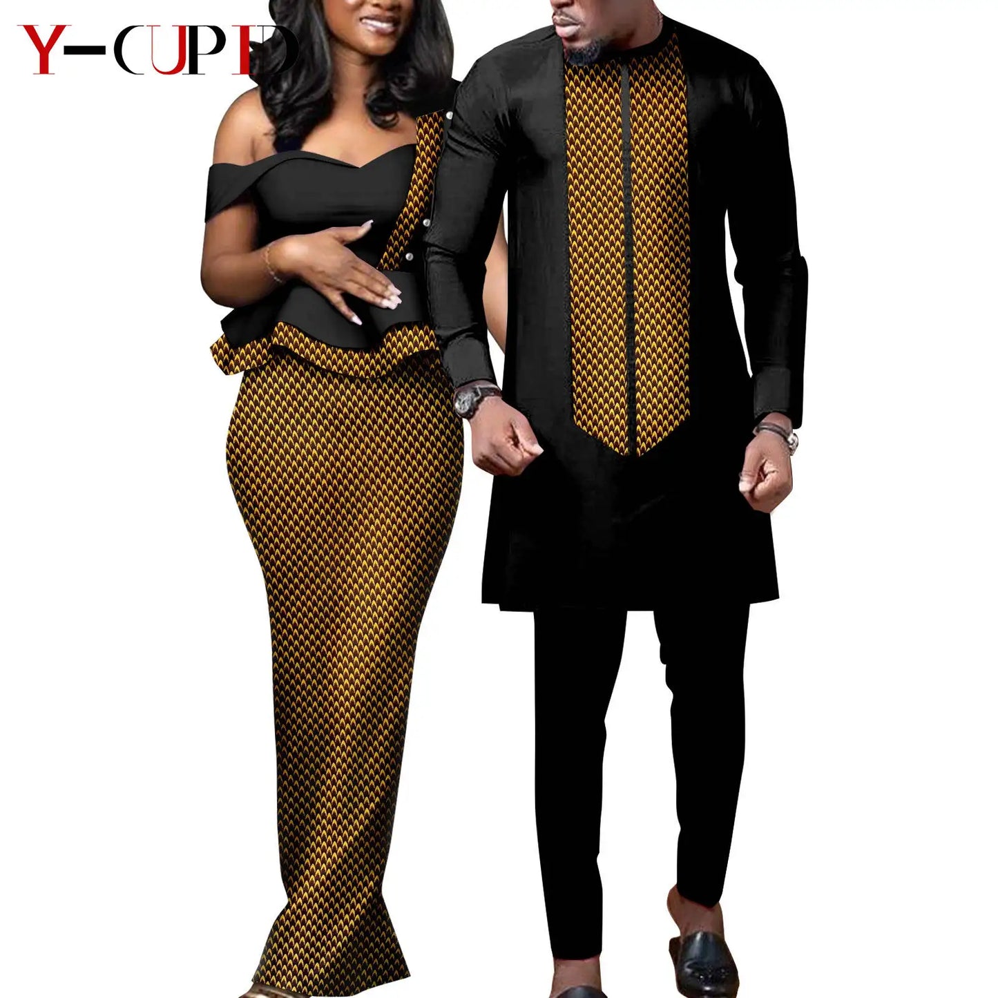 African Print Matching Couple Outfits Men's Dashiki Shirt Set & Women's Dress