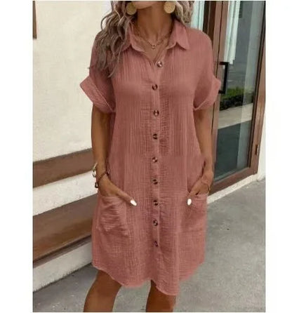 V-Neck Single-Breasted Mini Dress - Casual Loose Fit Short Sleeve Summer Dress