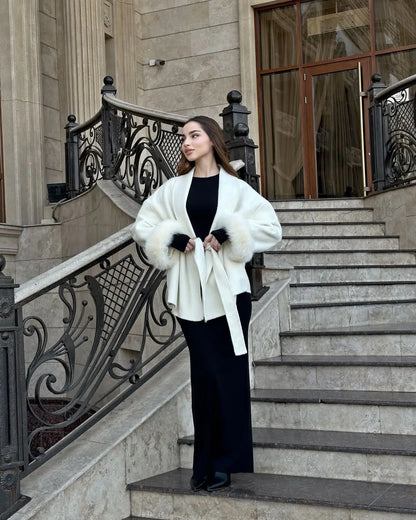 Elegant Lace-Up Woolen Short Coat with Furry Trim