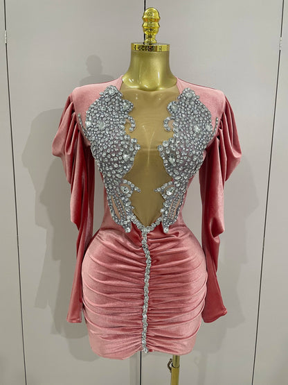 Sparkly Mesh Black Velvet Short Dress