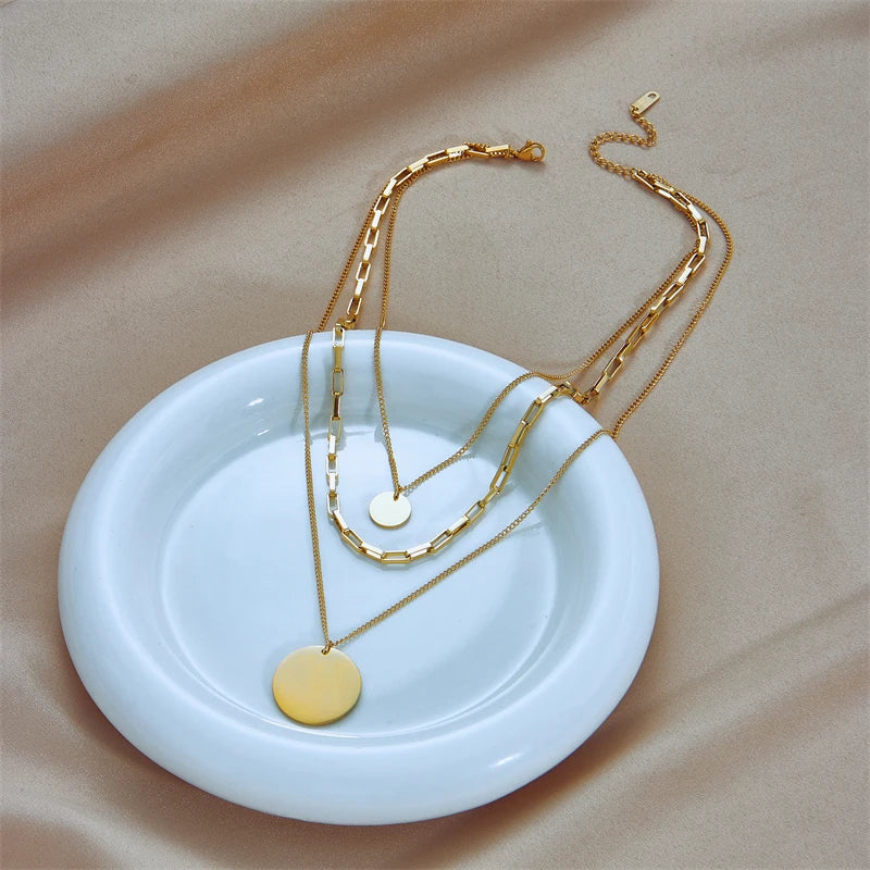 316L Stainless Steel Gold Color 3in1 Round Pendant Necklace