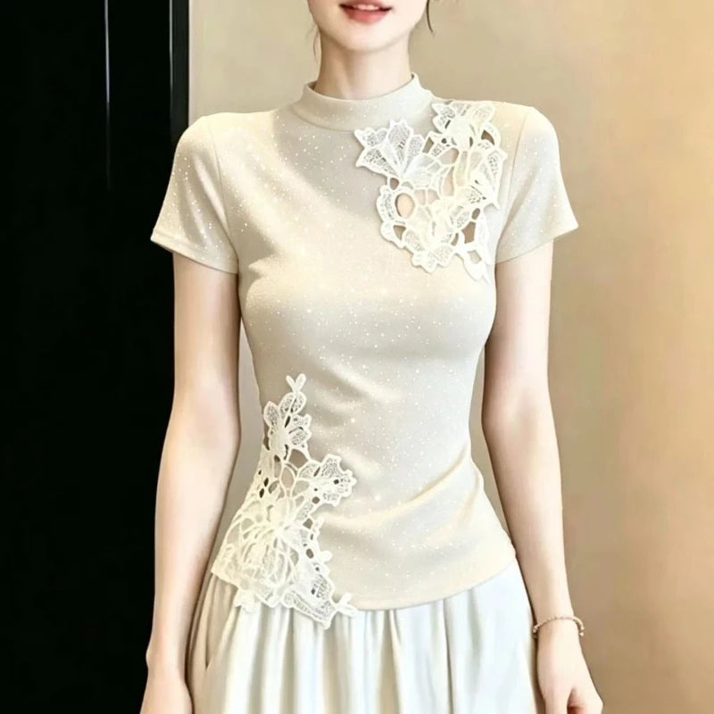 Women's Summer Short Sleeve Hollow Out O-Neck T-Shirt