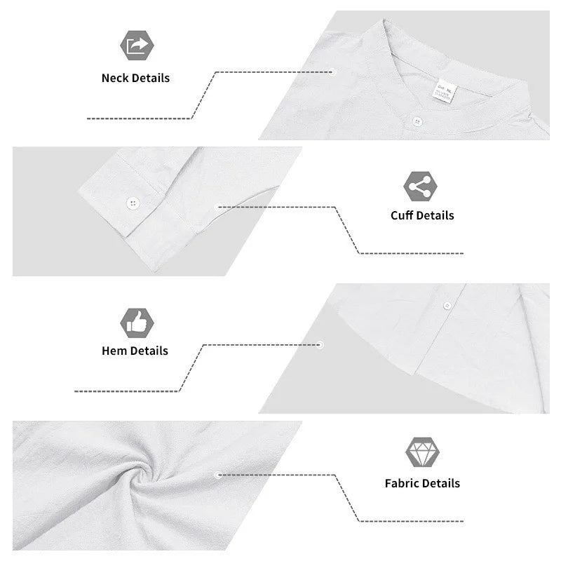 Men's White Linen Button-Down Mandarin Collar Vacation Shirt