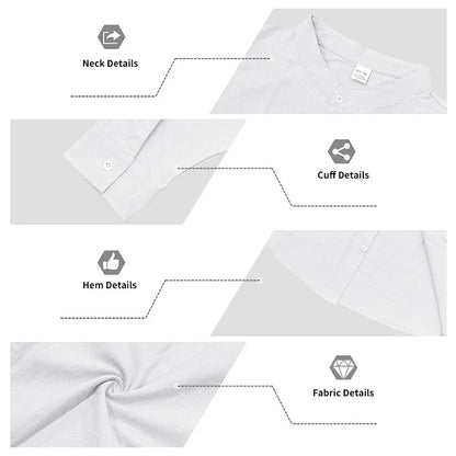 Men's White Linen Button-Down Mandarin Collar Vacation Shirt