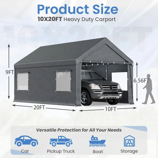 10x20FT Heavy Duty Carport Canopy with Removable Sidewalls, Roll Up Windows