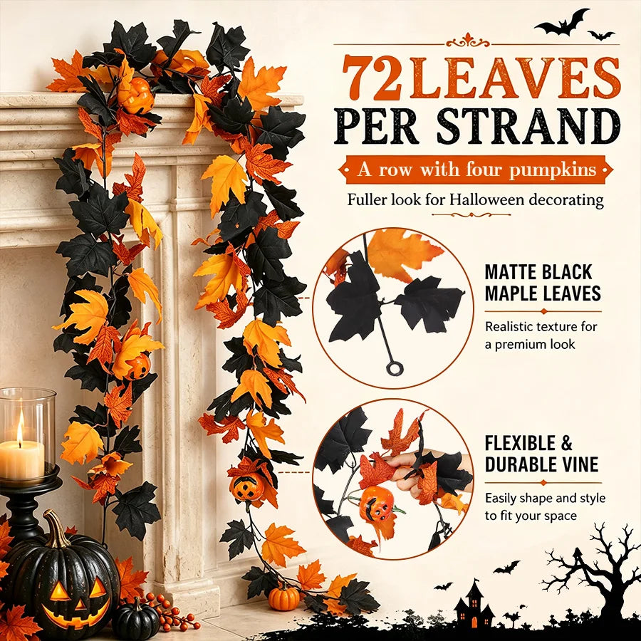 Halloween Artificial Red & Black Maple Leaf Garland