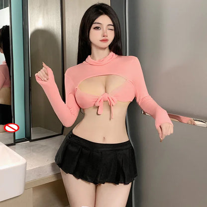 Women's Cutout Crop Top & Pleated Mini Skirt 2-Piece Cosplay Set
