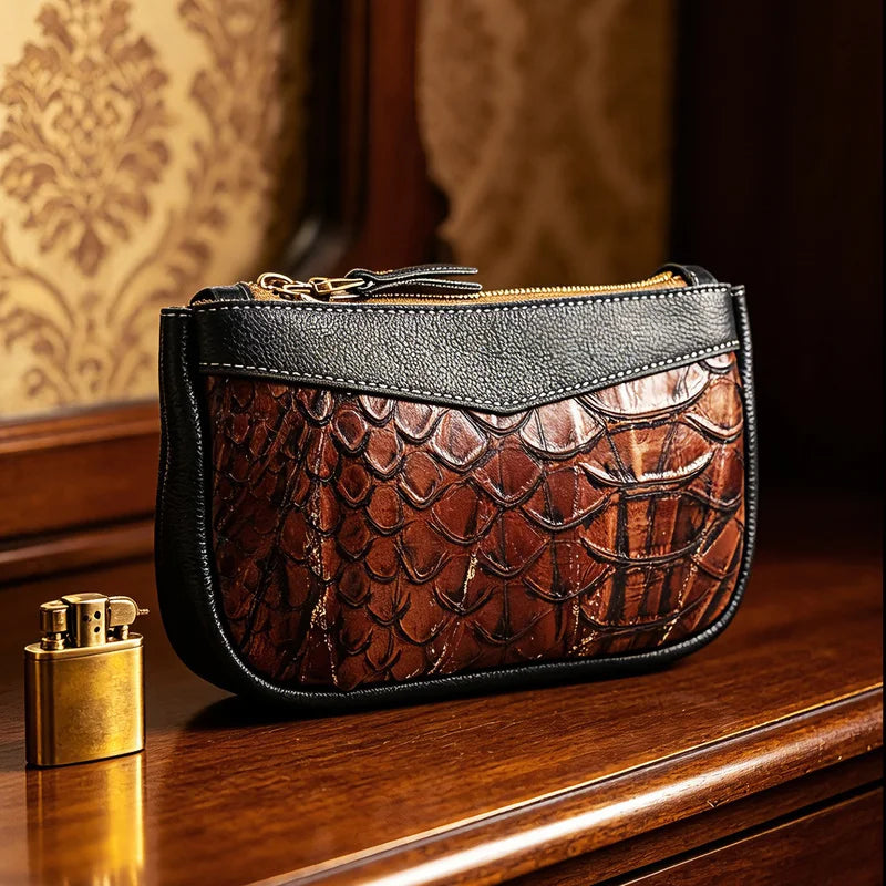 Genuine Cowhide Leather Long Zipper Wallet & Card Holder Clutch