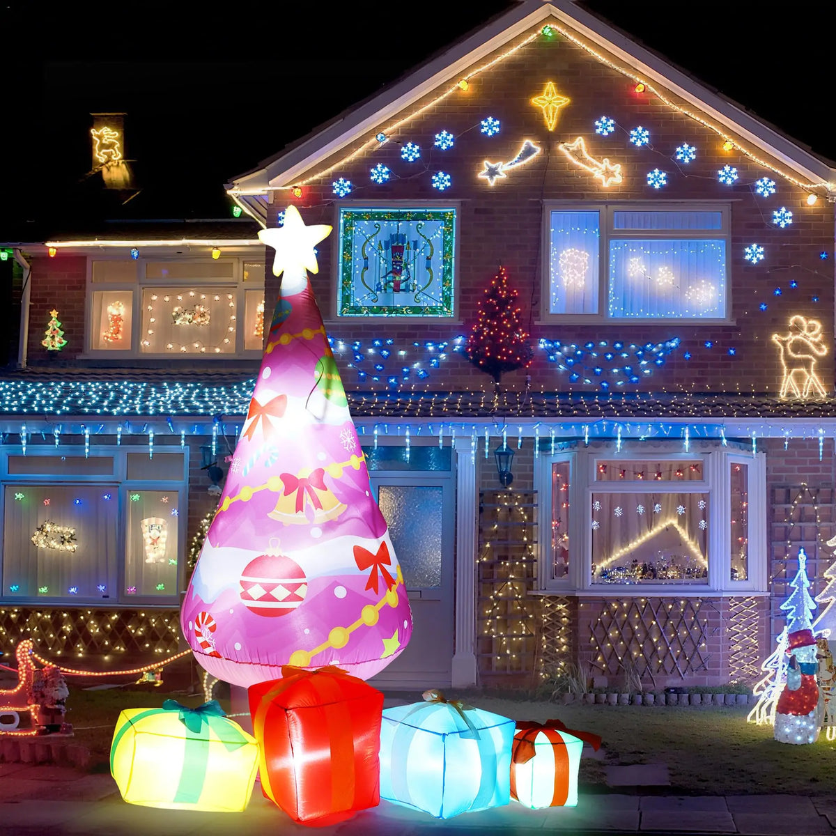 7FT Pink Christmas Tree Inflatable With LED Lights Gift Boxes