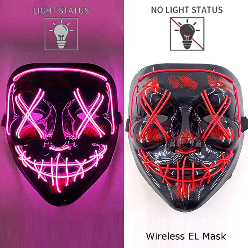 LED Light-Up Neon Wire Purge Mask – 3-Mode Halloween Horror Cosplay Mask for Adults