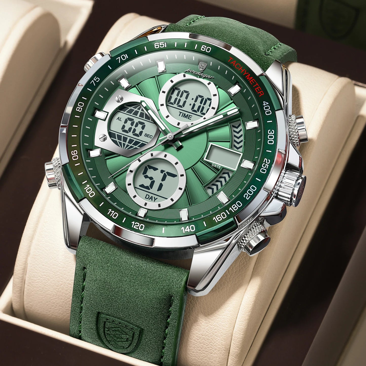 POEDAGAR LED Luminous Dual Time Display Digital Quartz Watch