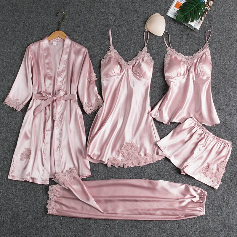 6PC Satin Sleep Pajamas Gown Set