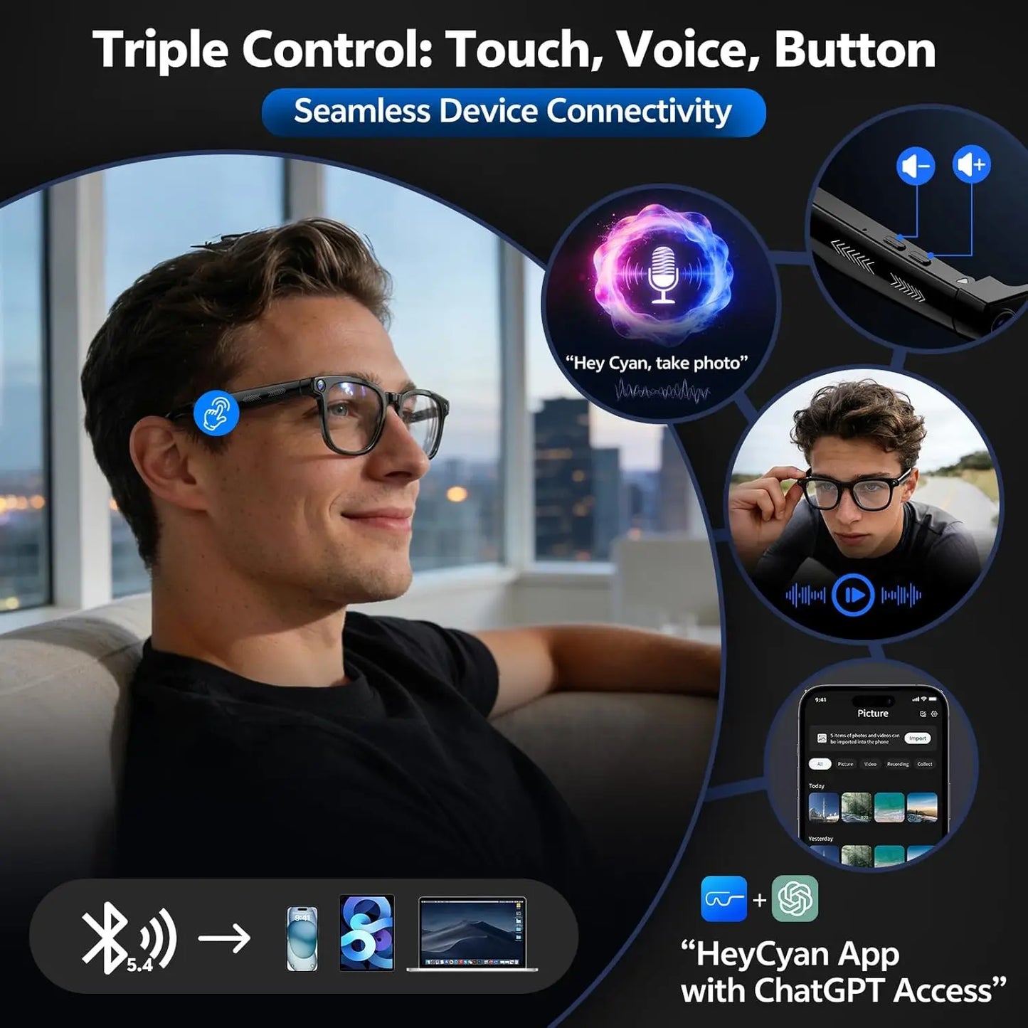 4K 8MP Smart Glasses w/HD Camera 150+Language Translation