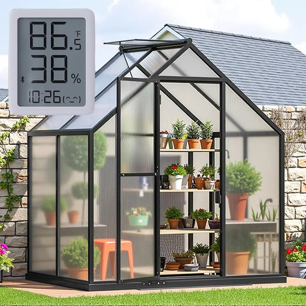 Outdoor Walk-In Polycarbonate Greenhouse with Thermometer