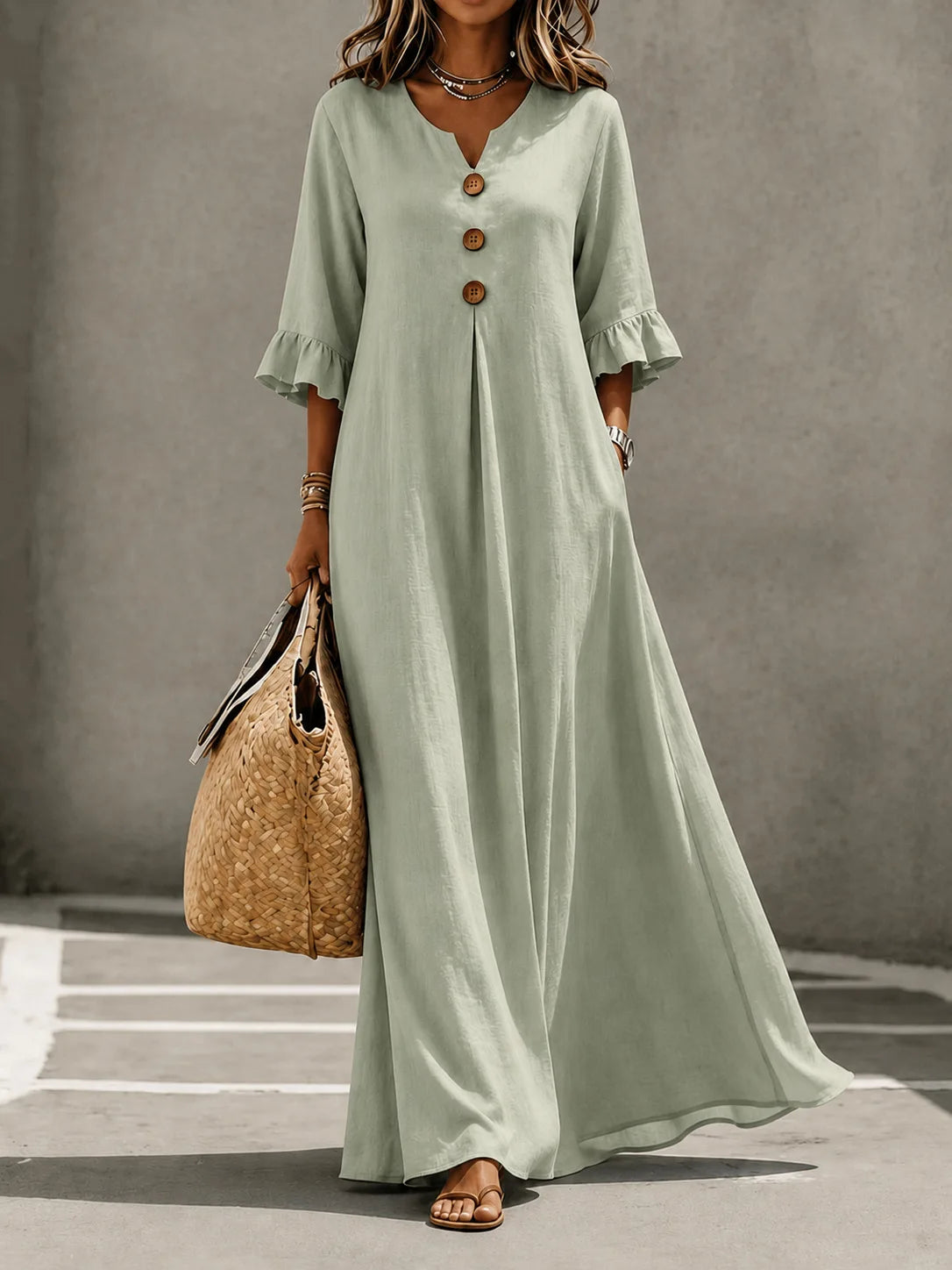 Plus Size Women's V-Neck Long Dress - Elegant Autumn & Winter Solid Color Maxi Dress