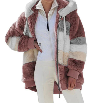 Women's Oversized Plush Hooded Zip-Up Cashmere Streetwear Coat